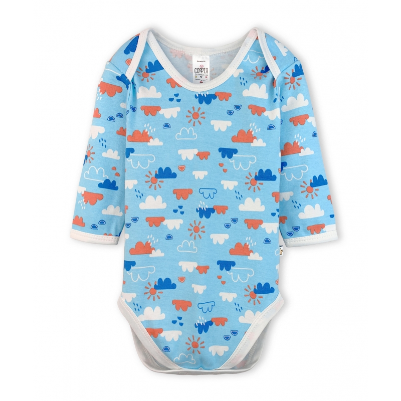 Bodysuit  Blue Clouds size 68-74-80 soft cotton, double knitted fabric, print, cream, 1211, ТМ Sofia
