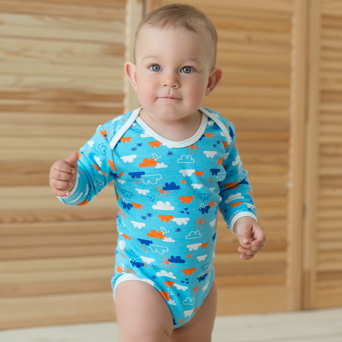 Bodysuit  Blue Clouds size 68-74-80 soft cotton, double knitted fabric, print, cream, 1211, ТМ Sofia