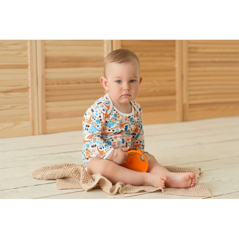 Bodysuit  Foxes size 68-74-80  soft cotton, double knitted fabric, print, cream, 1212, ТМ Sofia