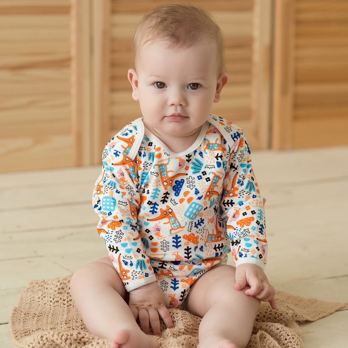 Bodysuit  Foxes size 68-74-80  soft cotton, double knitted fabric, print, cream, 1212, ТМ Sofia