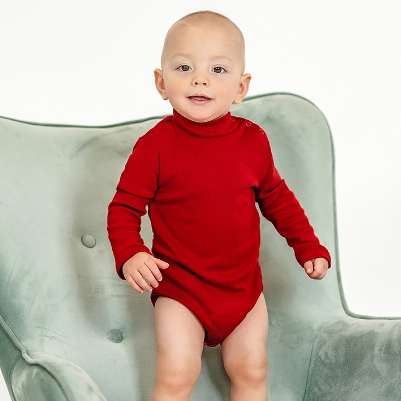 Merino thermal baby turtle neck bodysuit cherry re...