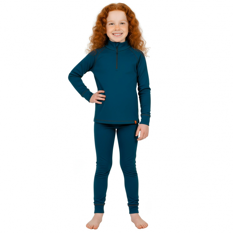 2 Piece Thermal Underwear Turtleneck Shirt with Short Zipper and Leggings Blue Set, wool merino, 9122/2, TM Wooly