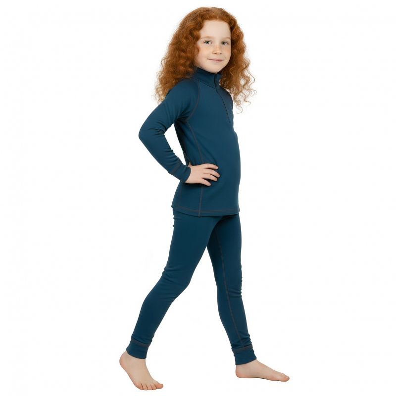 2 Piece Thermal Underwear Turtleneck Shirt with Short Zipper and Leggings Blue Set, wool merino, 9122/2, TM Wooly