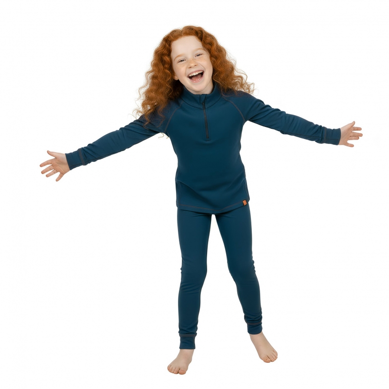 2 Piece Thermal Underwear Turtleneck Shirt with Short Zipper and Leggings Blue Set, wool merino, 9122/2, TM Wooly